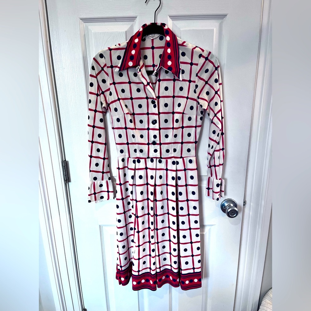 Vintage Secretary Long Sleeve Collared Dress Red White Blue Windowpane Polka Dot